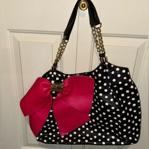 Betsey Johnson Black and White Polka Dot Bag with Pink Bow
